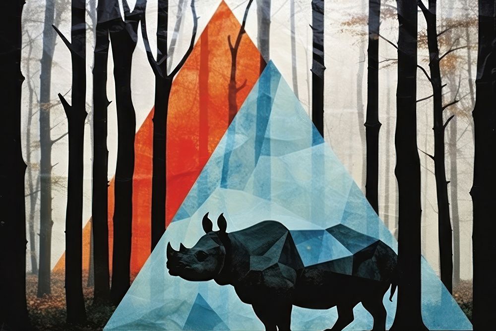 Minimal Collage Retro dreamy of rhinoceros art painting mammal.