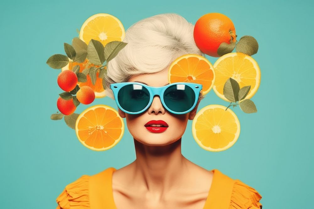 Minimal Collage Retro dreamy of senior grapefruit sunglasses portrait.