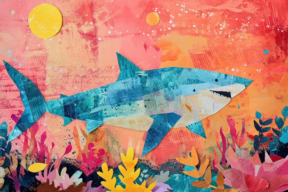 Minimal Collage Retro dreamy of shark art painting collage.