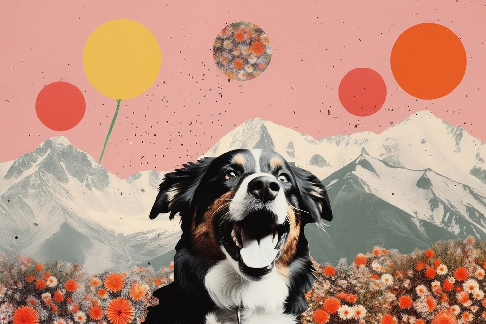 Dreamy Retro Collages whit a happy dog portrait outdoors painting.