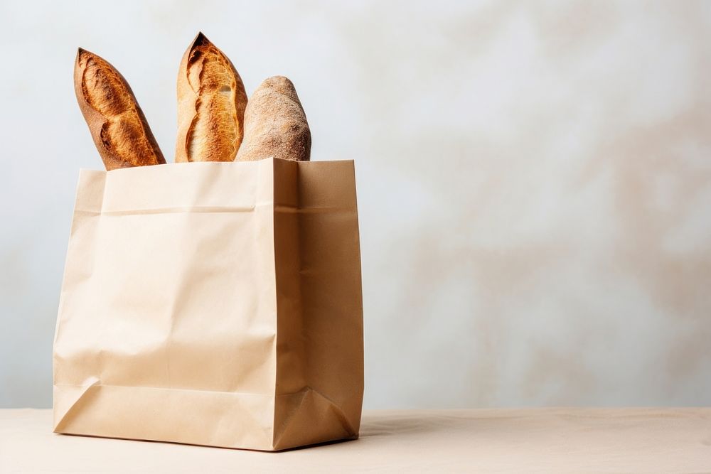 Kraft paper bakery bag mockup bread food accessories.