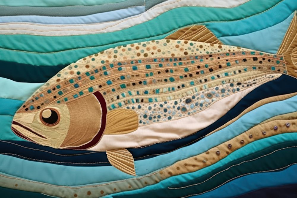 Simple abstract fabric textile illustration minimal of a fish pattern quilt art.