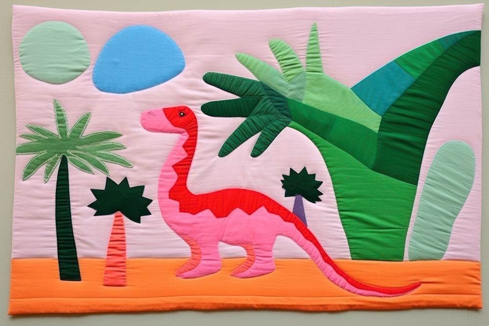 Simple abstract fabric textile illustration minimal of a dinosaur pattern quilt art.