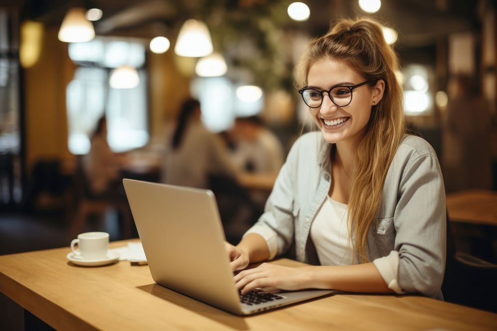 Woman doing a Small Business computer glasses smiling.