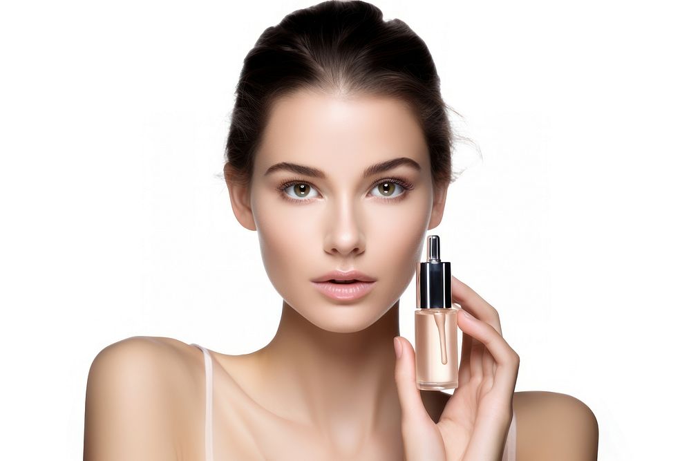 Woman face serum for face with model and cosmetics lipstick white background perfection.