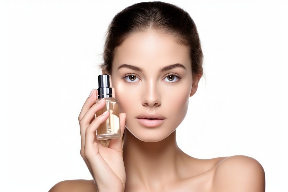 Woman face serum for face with model and cosmetics photo white background photography.