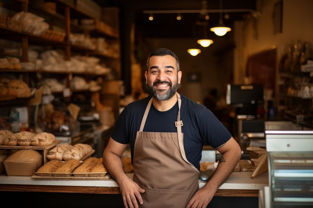 Bakery owner standing adult bread.
