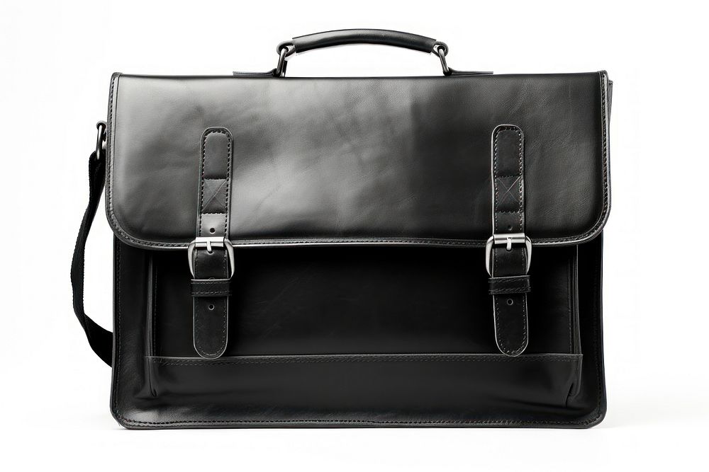 Black leather bag briefcase handbag white background.