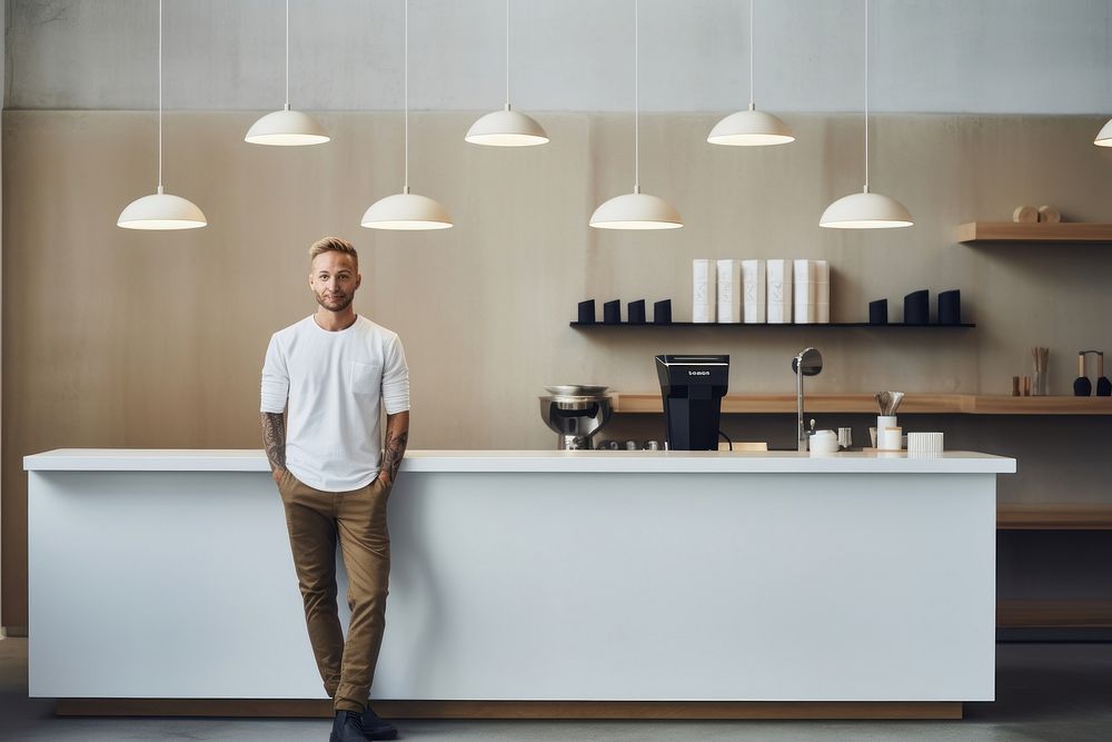 Coffee shop owner standing lighting kitchen.