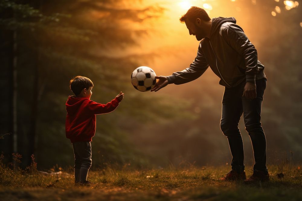 Father teaching son football sports adult.