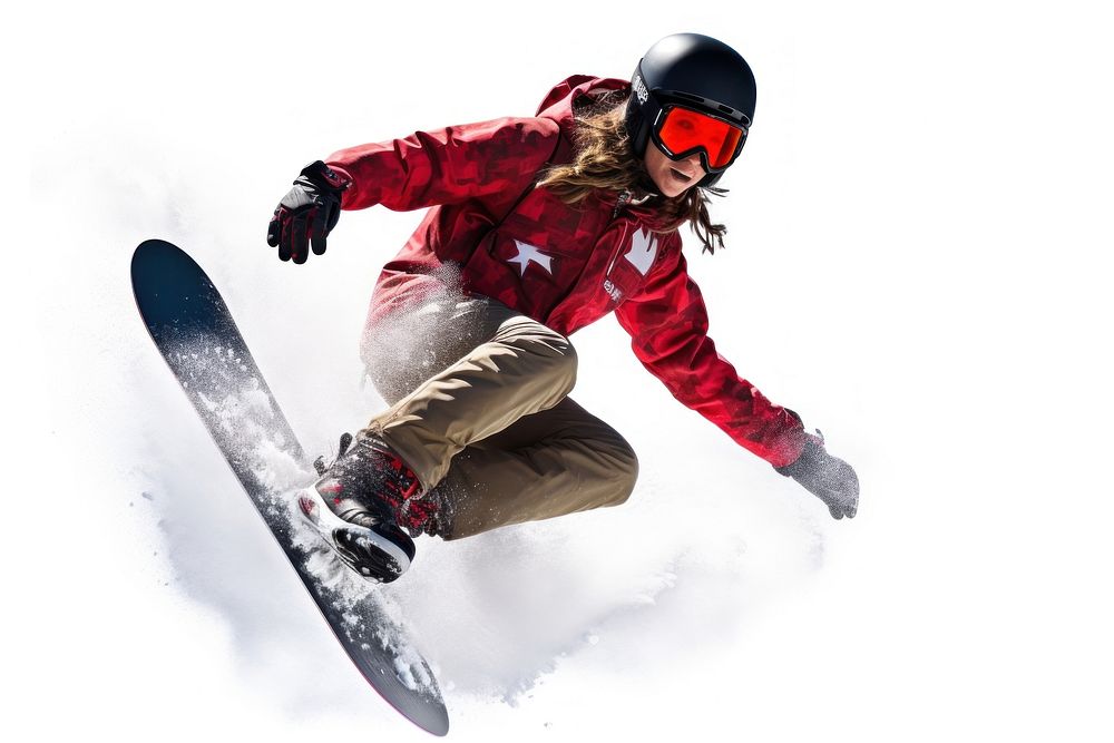 Female snowboarder snowboarding recreation adventure.