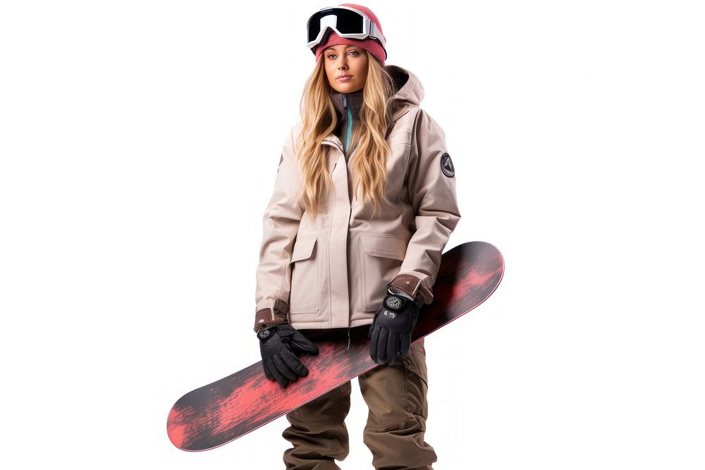 Female snowboarder holding a board snowboarding sports white background.