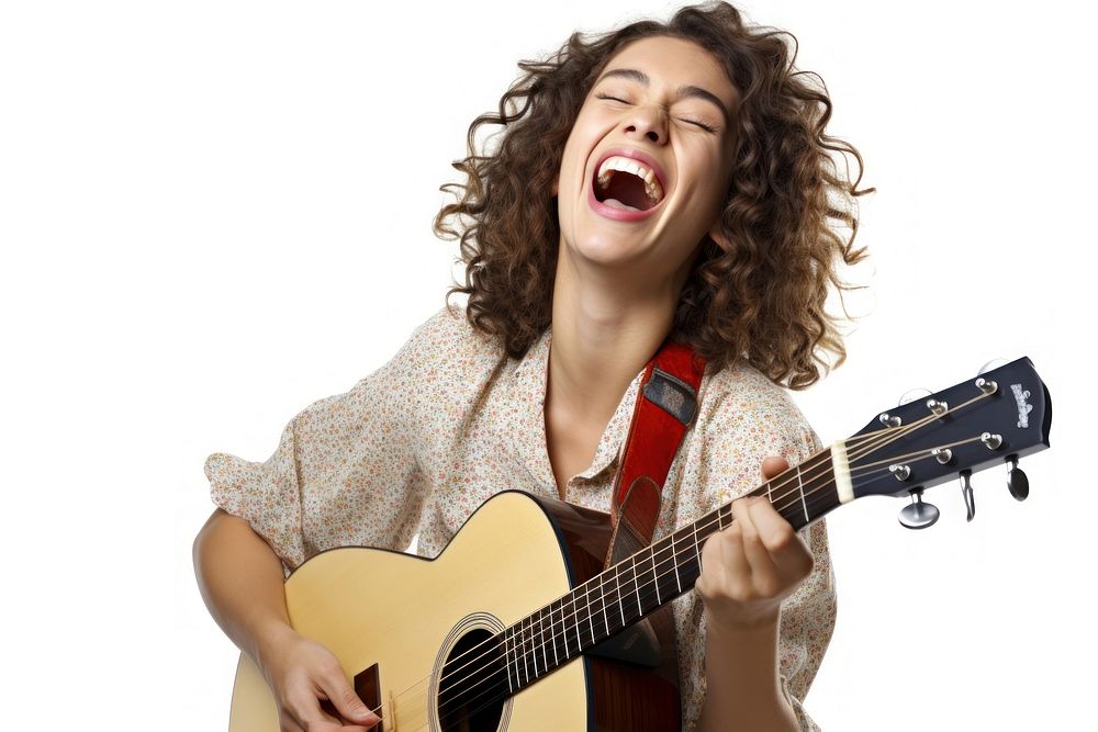 Happy woman singing song with smile musician guitar happy.