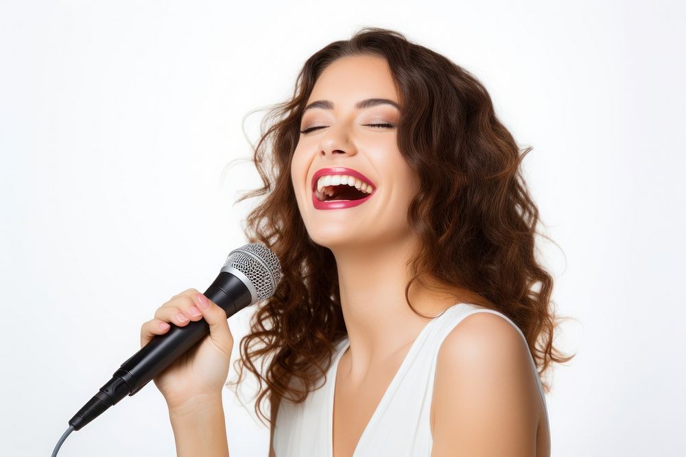 Happy woman singing song with smile microphone laughing adult.