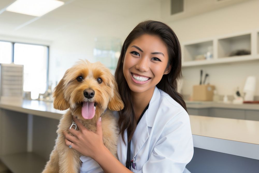 Happy doctor with dog veterinarian mammal animal.
