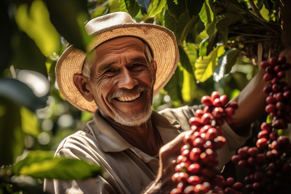 Happy farmer outdoors picking nature.