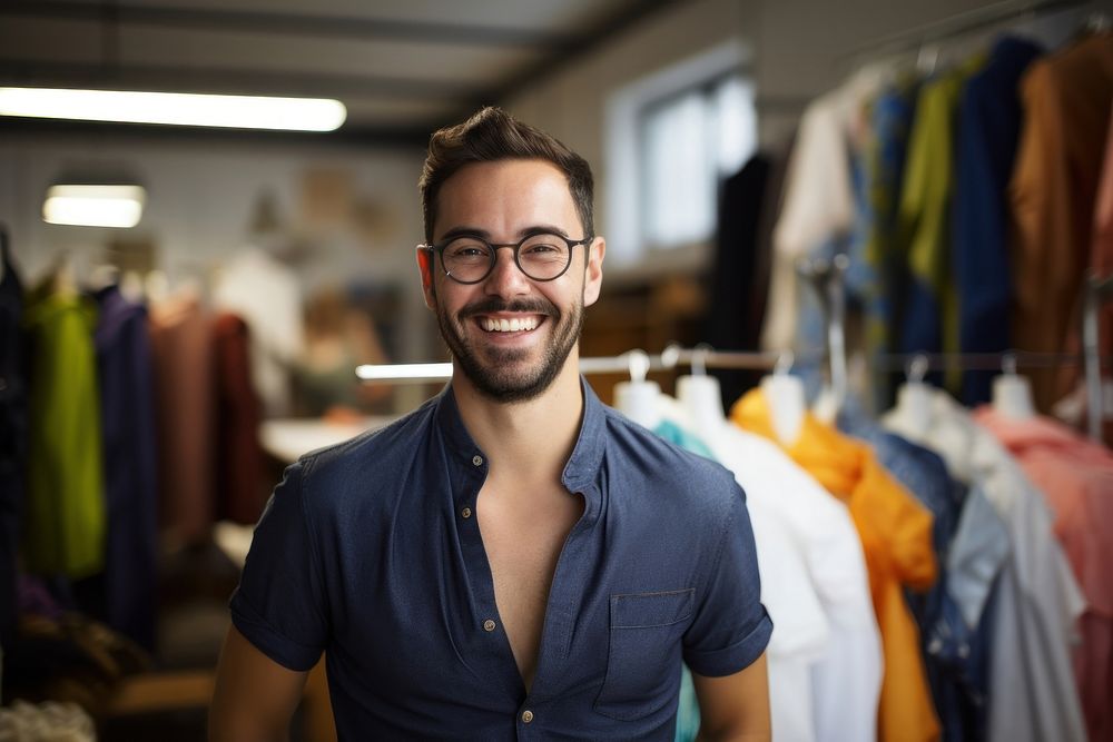Men Designer designs outfits smile portrait glasses.