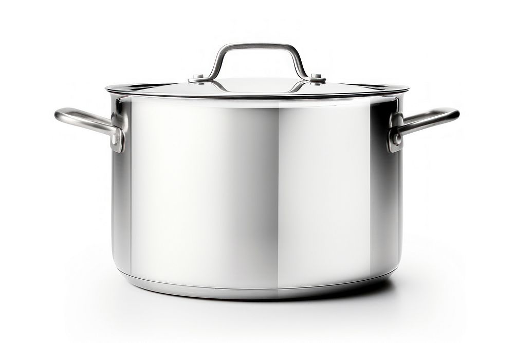 Stainless steel cooking pot appliance white background saucepan.