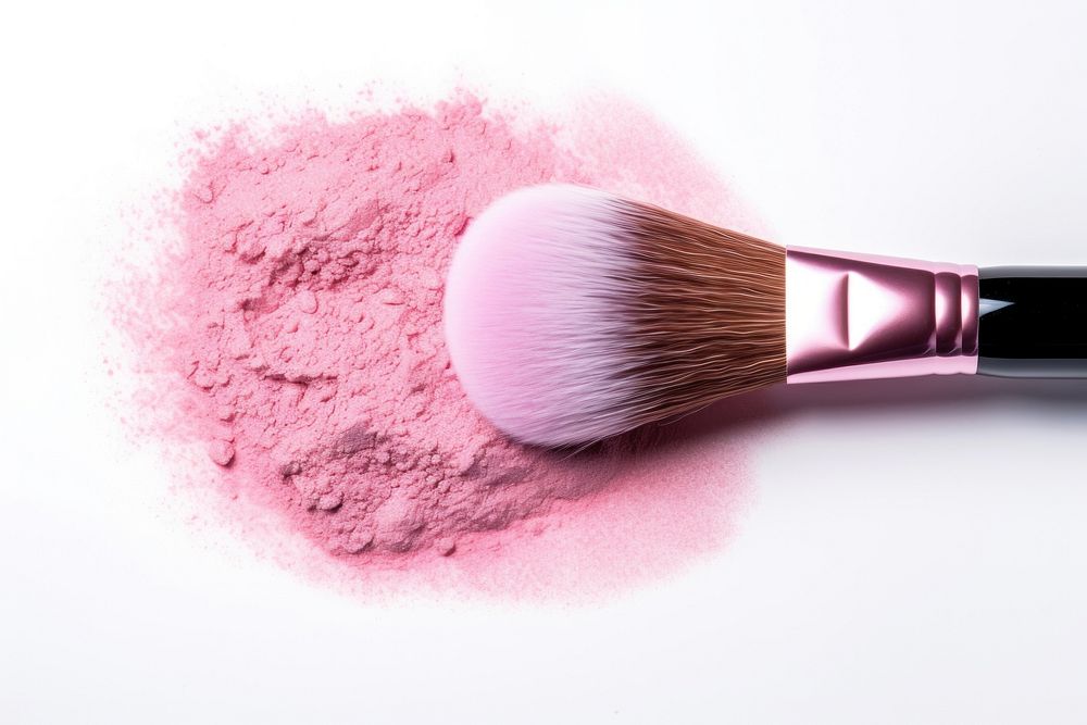 Makeup brush cosmetics pink white background.