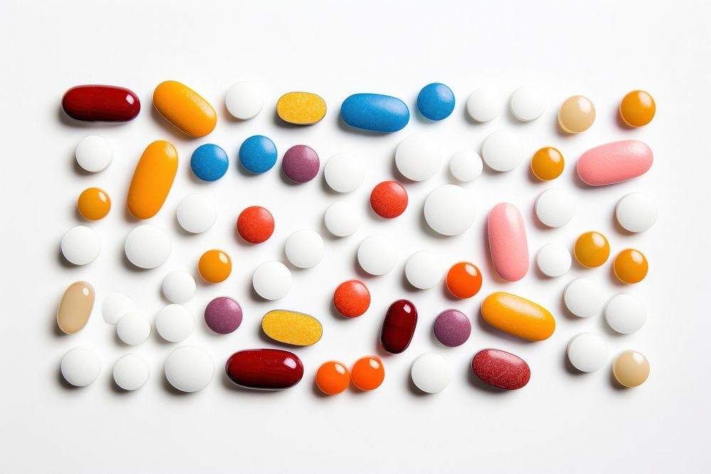 Different colorful medicines pill white background organization.