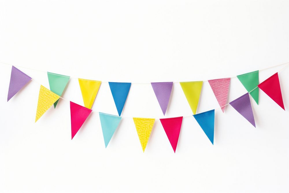 Stacked small party flags origami white background clothesline.