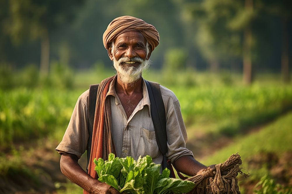 Indian farmer doing agriculture vegetable smiling plant.