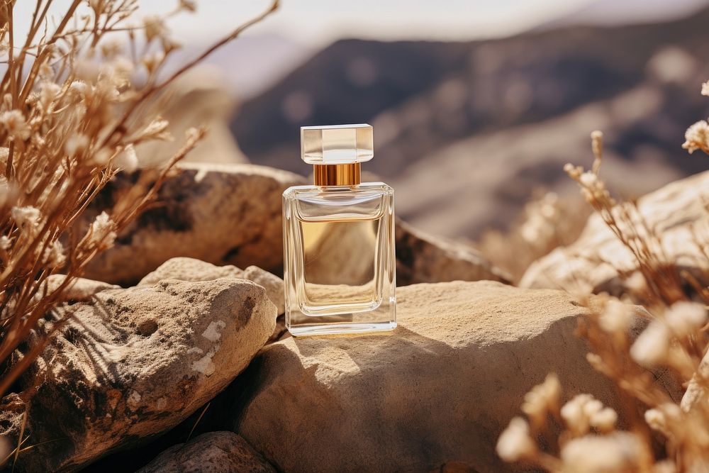 Perfume bottle whit label  landscape mountain tranquility.