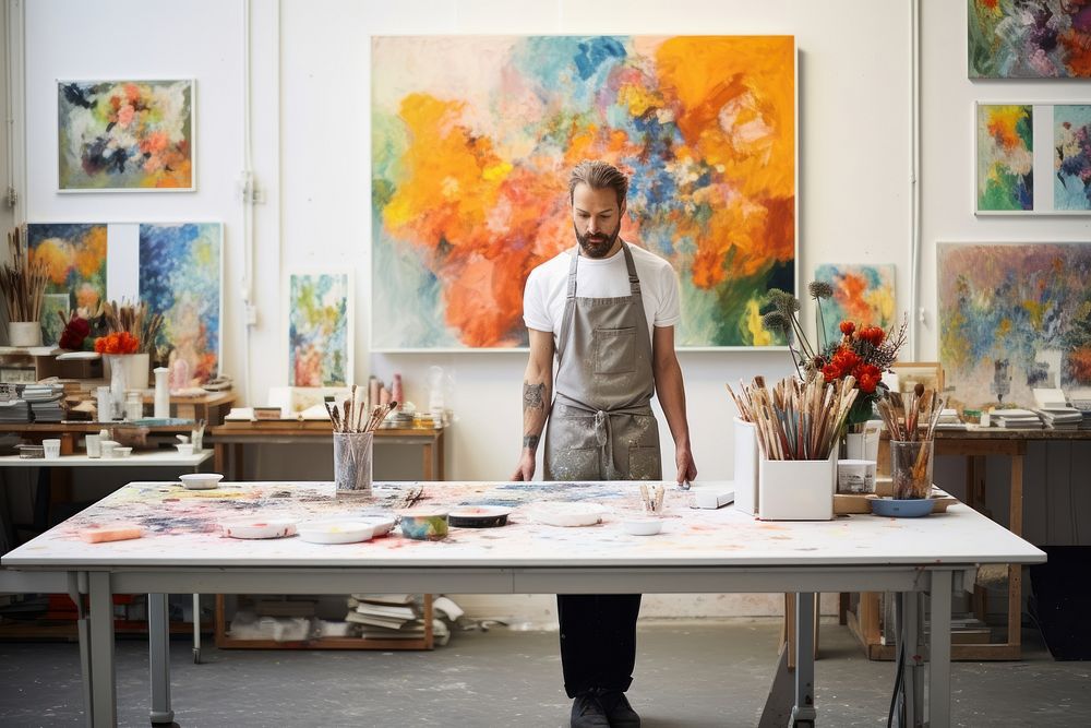 Man wearing apron painting adult art entrepreneur.