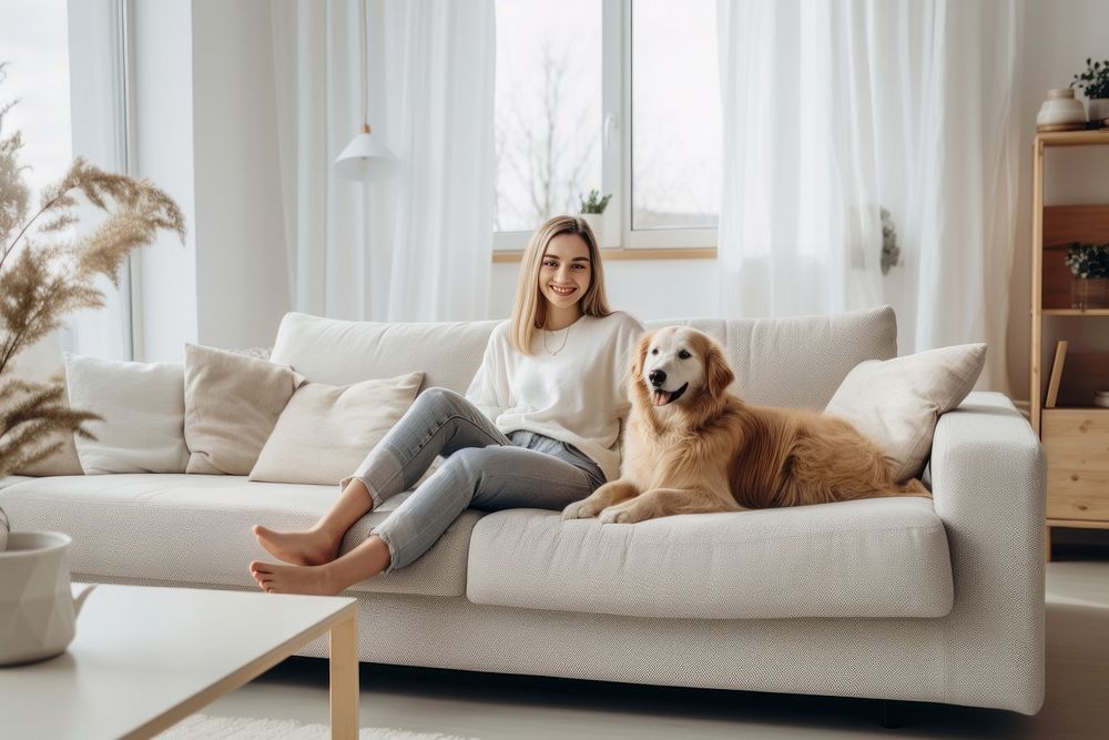 Woman and a dog furniture sitting mammal.