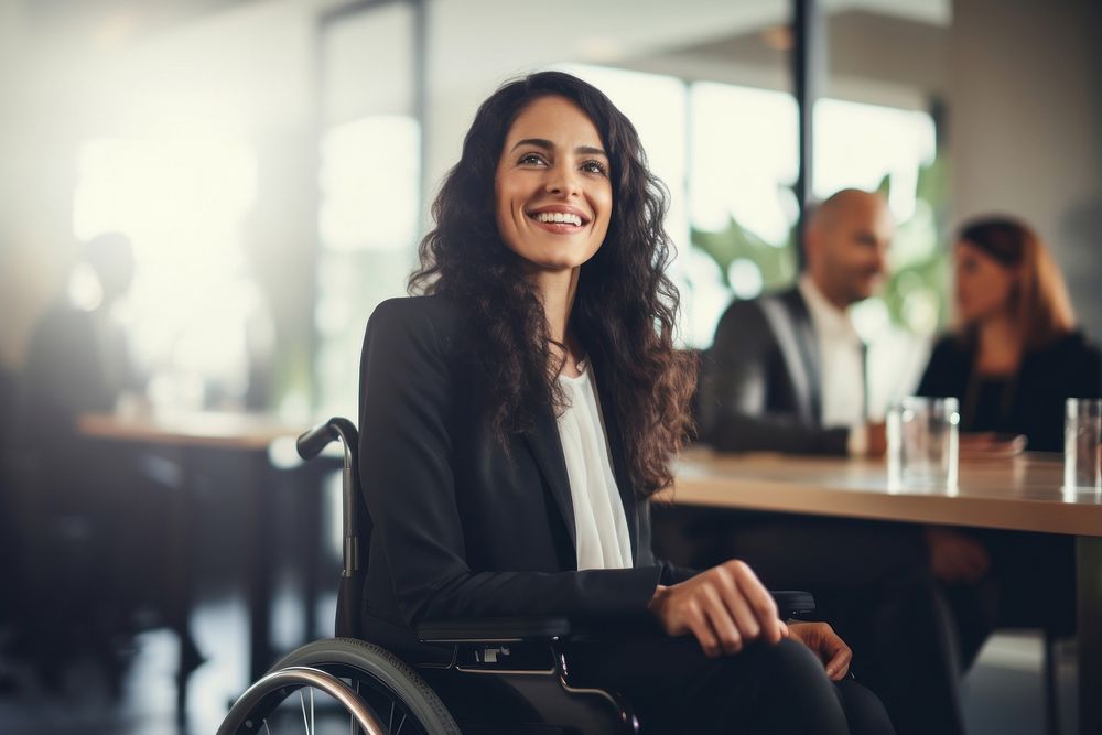 Woman in a wheelchair in a business meeting smiling adult smile.