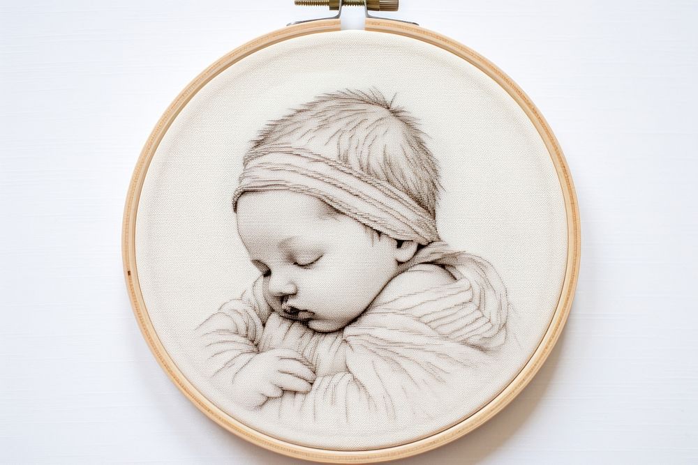The baby in embroidery style portrait drawing sketch.