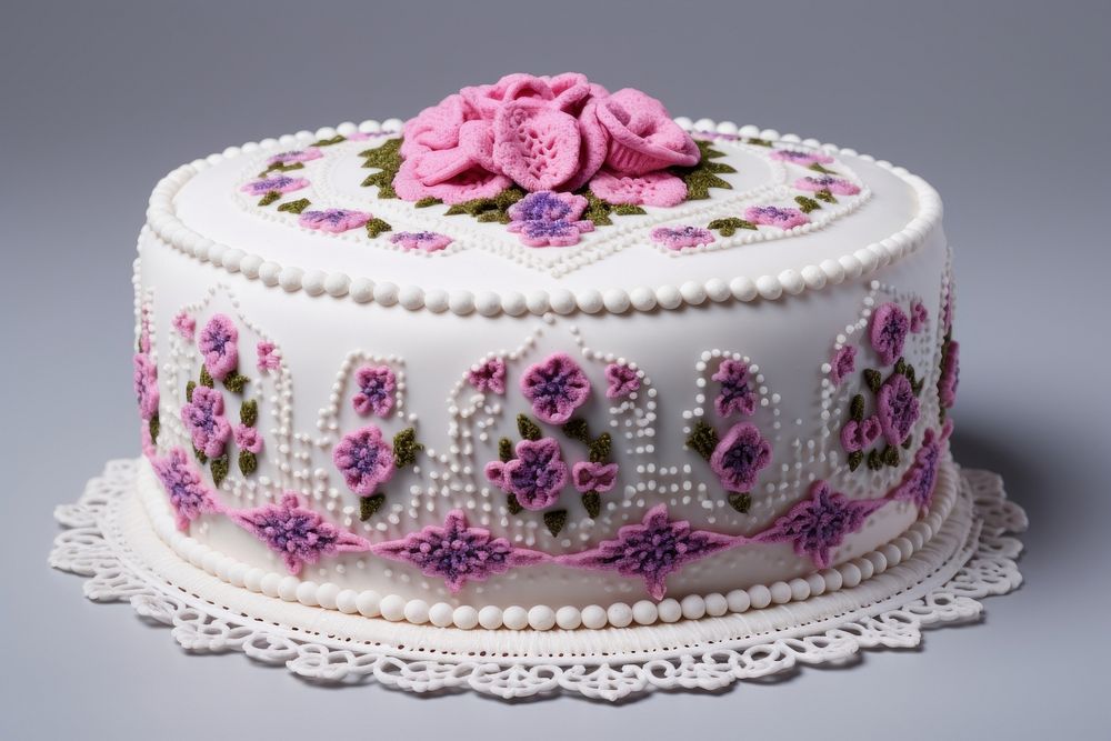 The cake in embroidery style dessert textile icing.