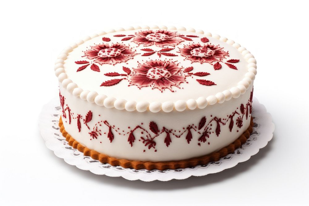 The cake in embroidery style dessert food sachertorte.