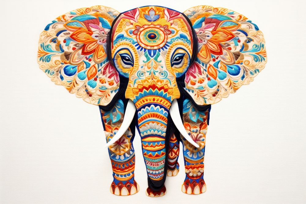 The elephant in embroidery style animal mammal art.