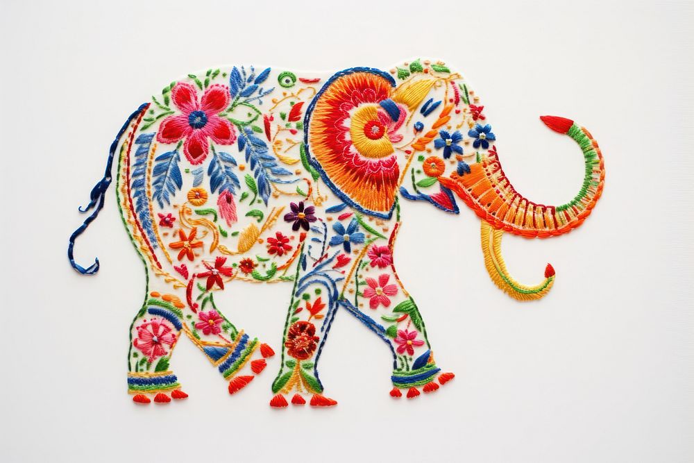 Elephant in embroidery style textile pattern mammal.