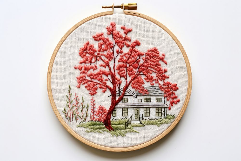 The house in embroidery style needlework pattern textile.