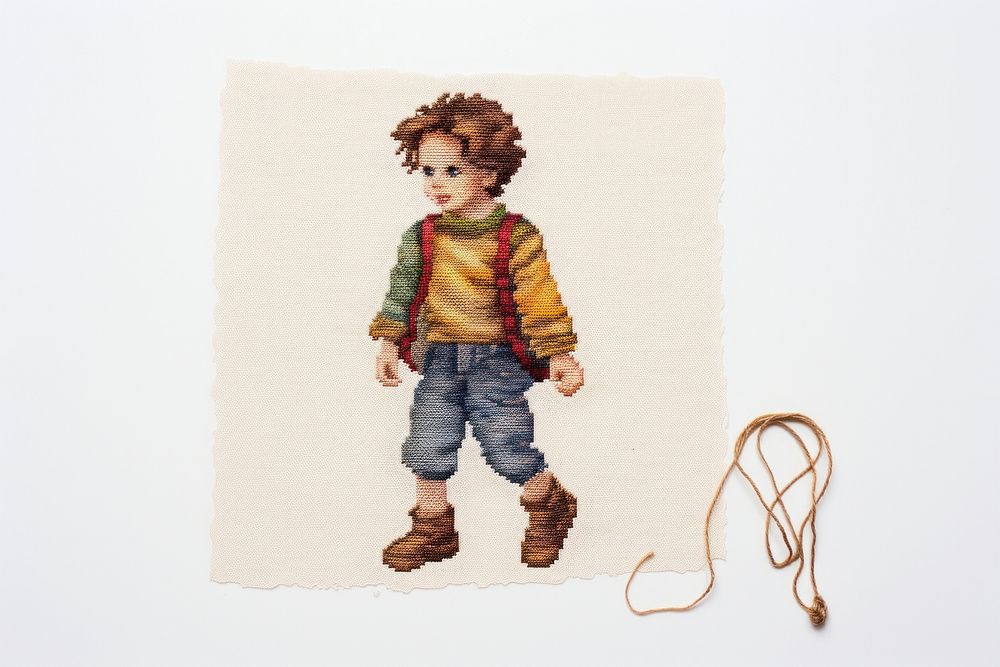 The kid in embroidery style needlework portrait textile.