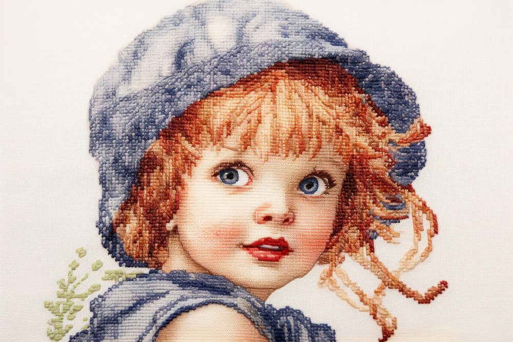 Kid in embroidery style needlework portrait photo.