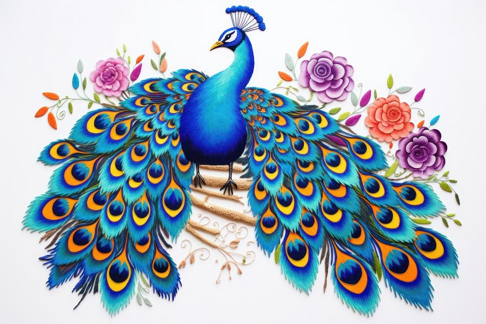 The peacock in embroidery style pattern bird art.
