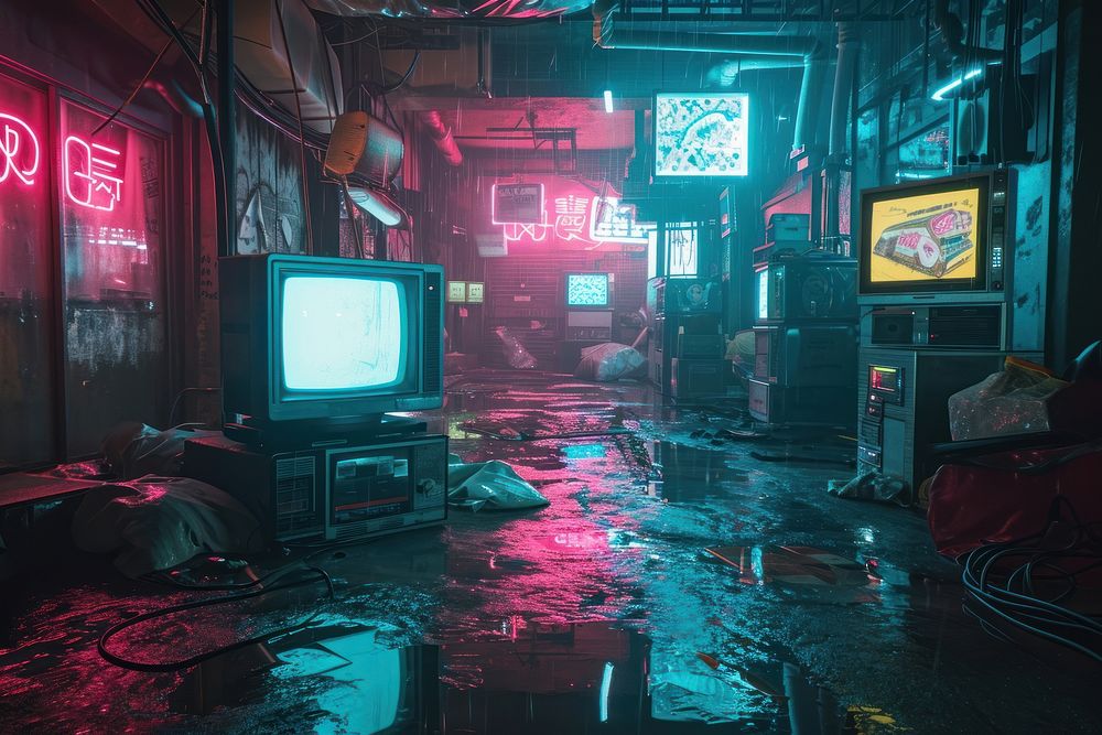 Cyberpunk scene of tv on the wet floor light neon architecture.
