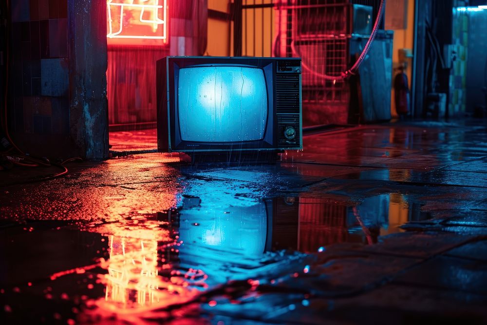 Cyberpunk scene of tv on the wet floor television light neon.