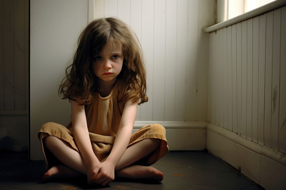 Sad little child sitting portrait photo.