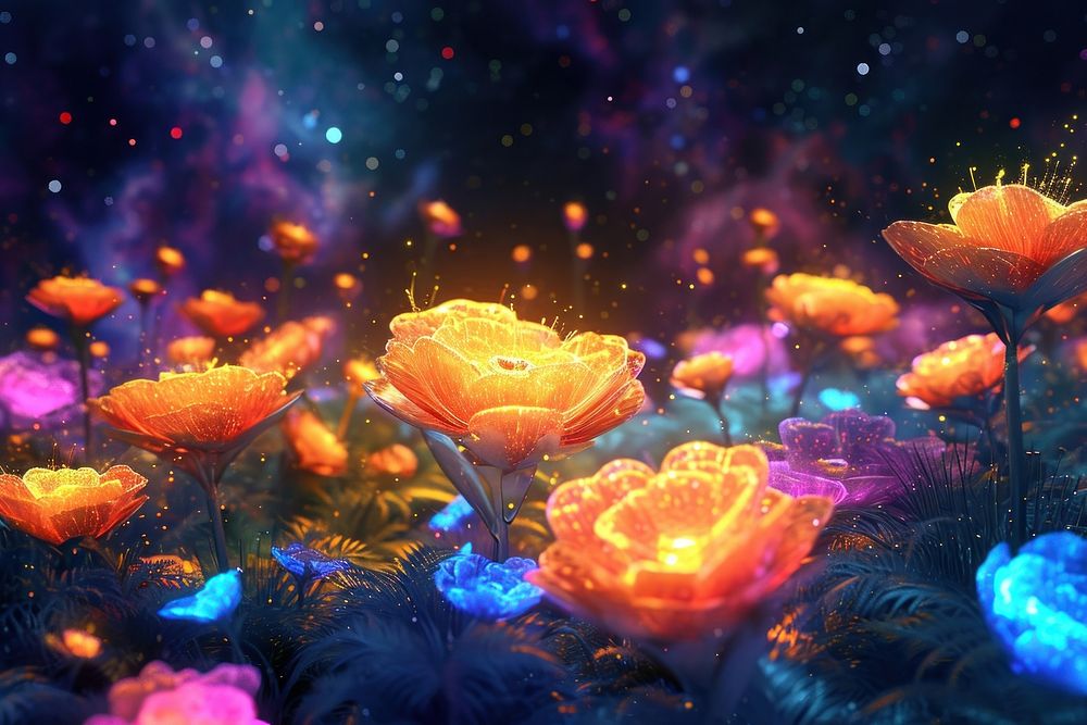 3D illustration of a cosmic garden outdoors flower nature.