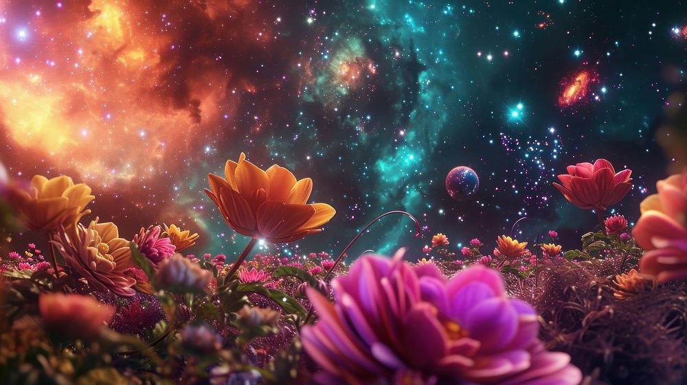 3D illustration of a cosmic garden flower astronomy outdoors.