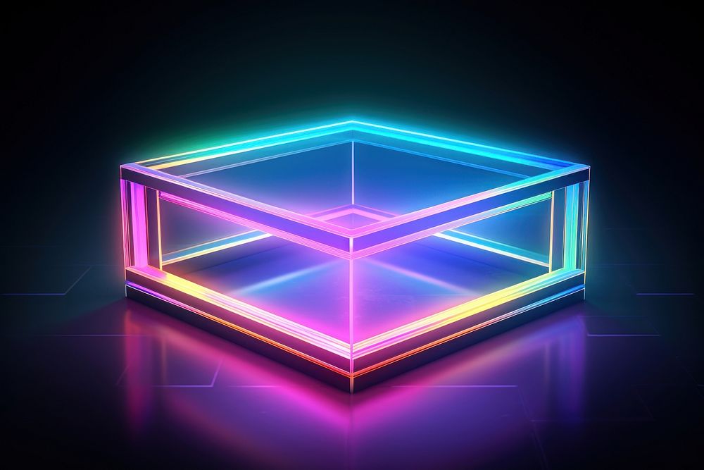 3D render of a neon tet box icon light illuminated electronics.