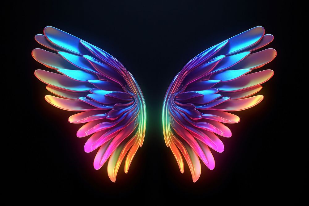 3D render of a neon angel wings icon pattern light illuminated.