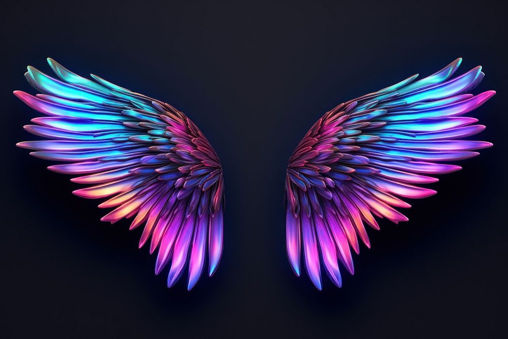3D render of a neon angel wings icon pattern purple lightweight.