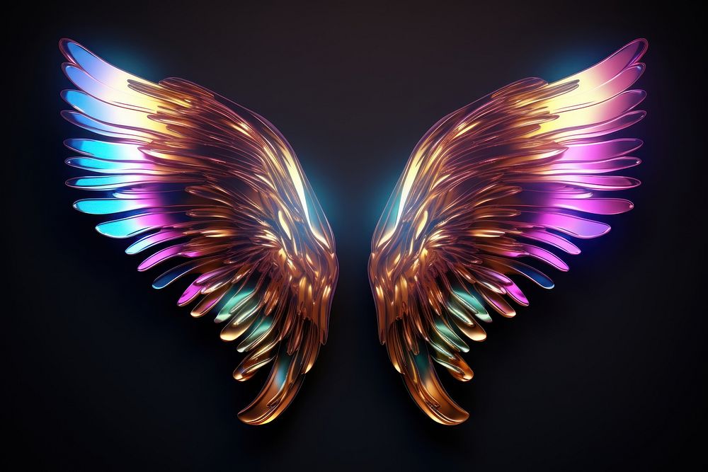 3D render of a neon angel wings icon pattern illuminated lightweight.