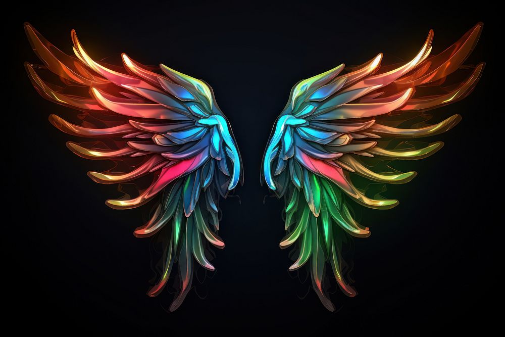 3D render of a neon angel wings icon light illuminated accessories.