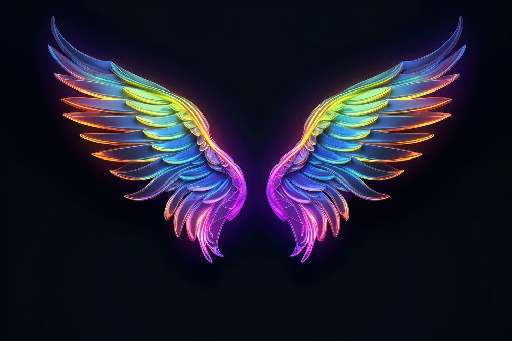3D render of a neon angel wings icon pattern purple light.